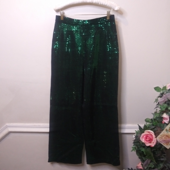 St. John Pants - Vintage St. John Couture Sparkly Green High Waisted Wide Leg Knit Pants